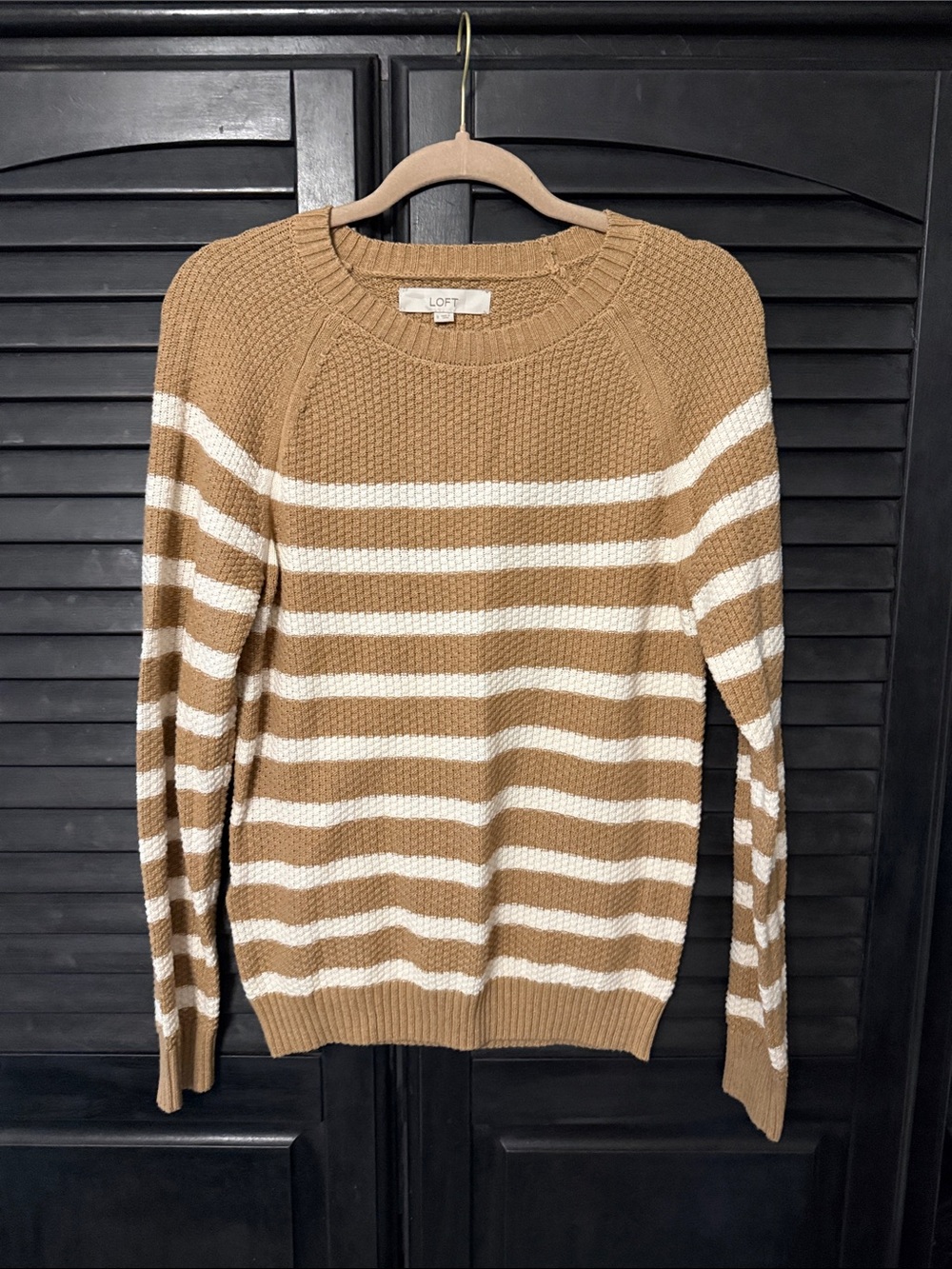 LOFT Camel and White Striped Crewneck Sweater